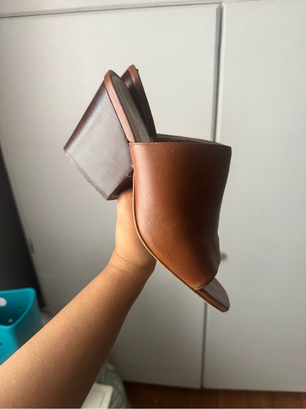 Able Tan Leather Block Heel Mule